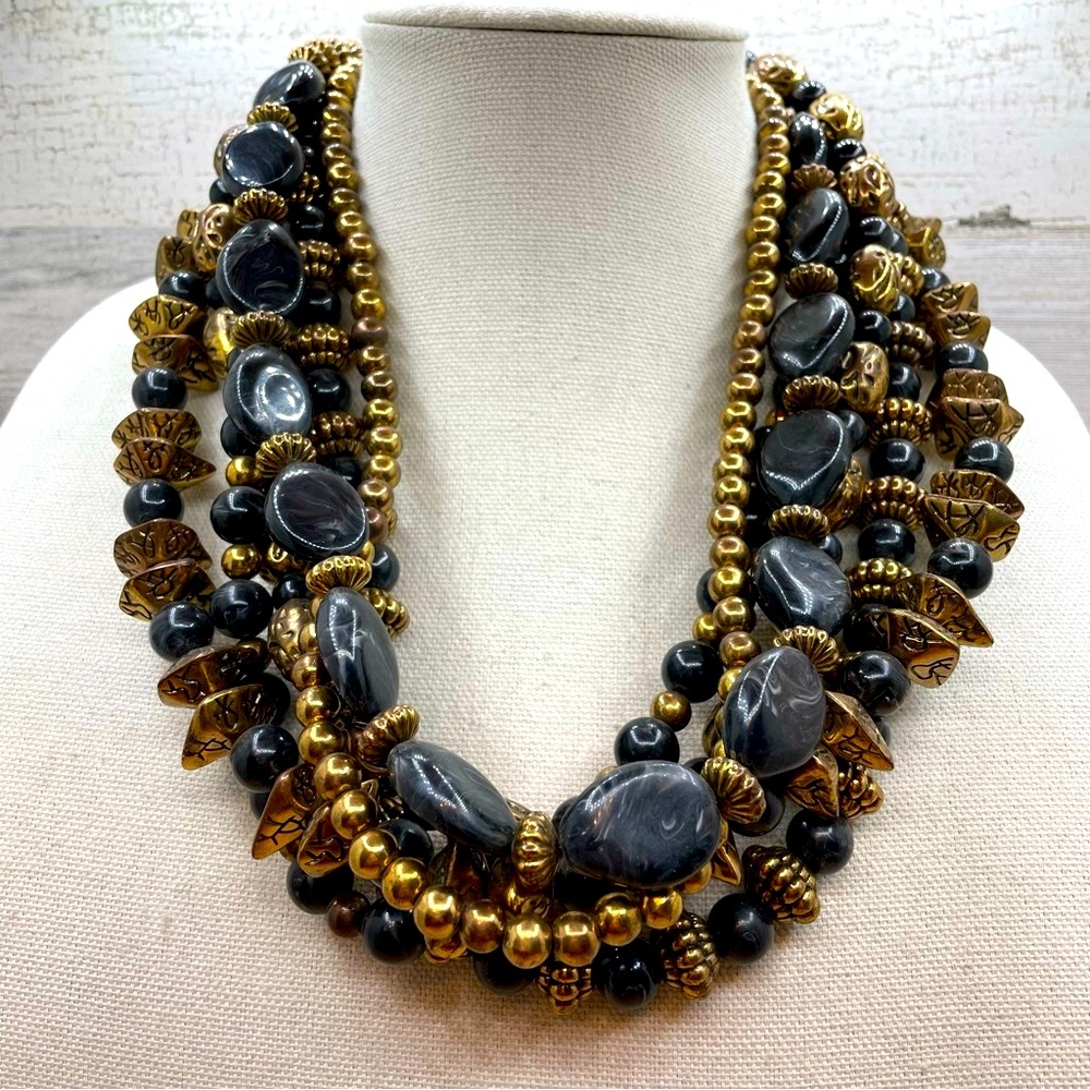 Amrita Singh Signed Gold Tone Faux Onyx 7 Layer Beaded Statement Chunky Necklace